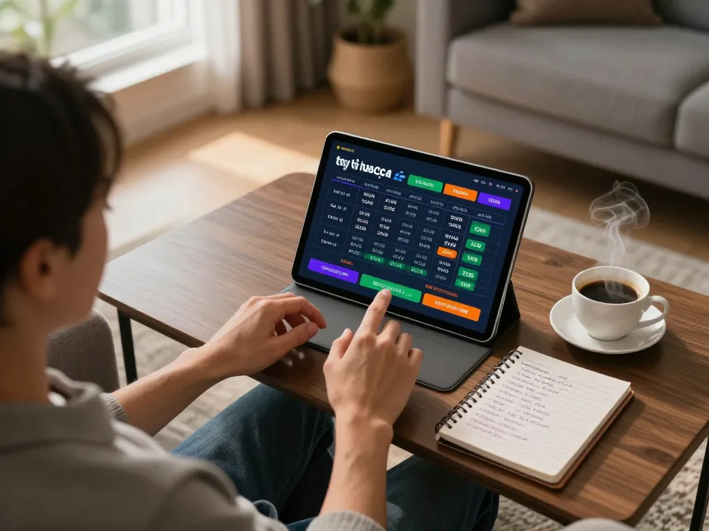 person analyzing tỷ lệ nhà cái on tablet while comfortably betting in a cozy living room