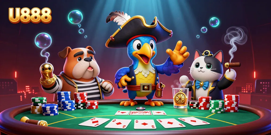 Join the adventure at U888 with a colorful poker scene featuring a parrot captain, bulldog first-mate, and ship's cat!