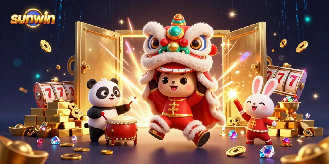 Experience the excitement of sunwin with a lively casino scene featuring dynamic characters and treasures.