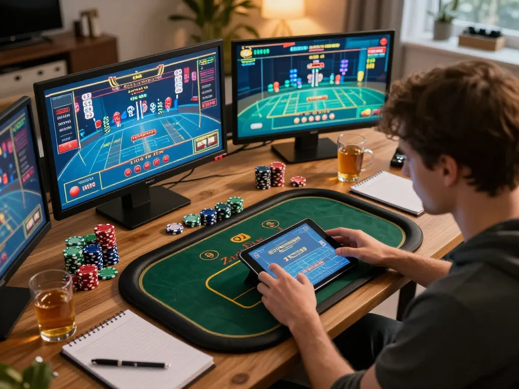Exciting online gameplay at home with pfly88, featuring tablet and strategic setup