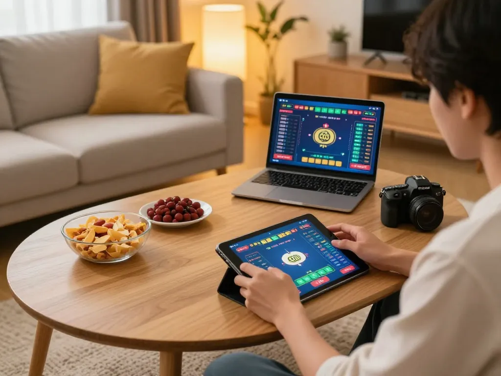 Excited player using a tablet for app tài xỉu online uy tín in a cozy home setting.