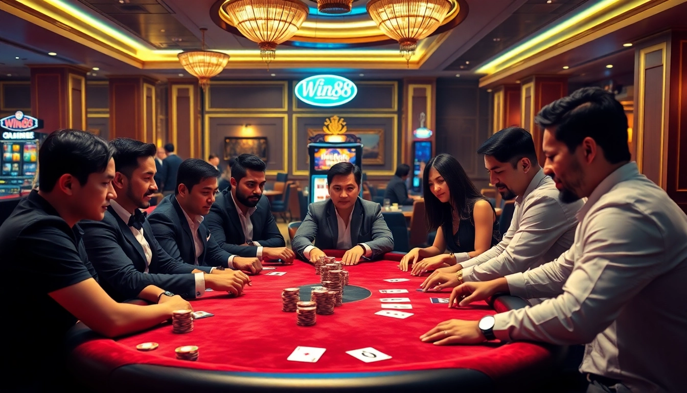 Experience the thrill of win88 at a luxurious poker table with vibrant casino elements.
