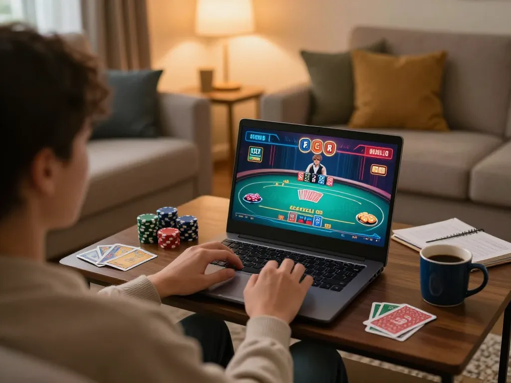 Player engaging in online poker at home with TG88 app, emphasizing strategic gameplay and comfort.