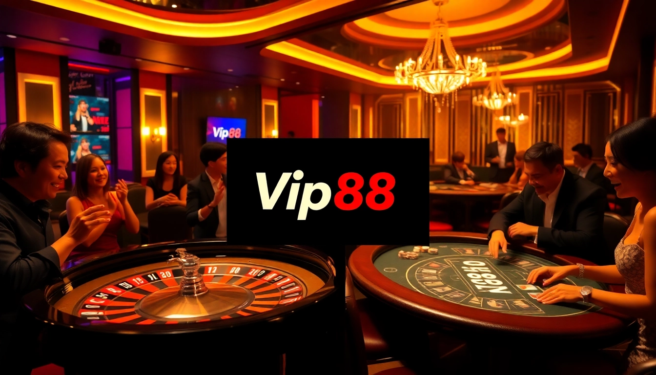 Experience the excitement of gambling at Vip88 with vibrant casino tables and eager players.