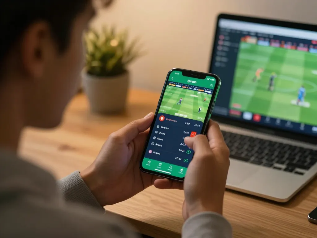 Betting on cricket using the KKBD app, showcasing real-time odds and user engagement in a home setting