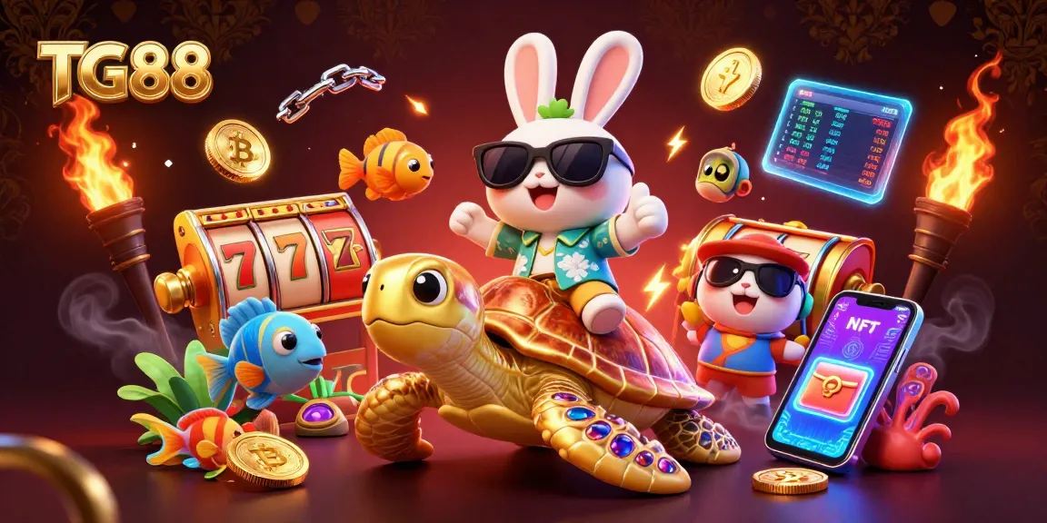 Join the fun at TG88 with an adorable lucky rabbit and a turtle in a vibrant casino scene.