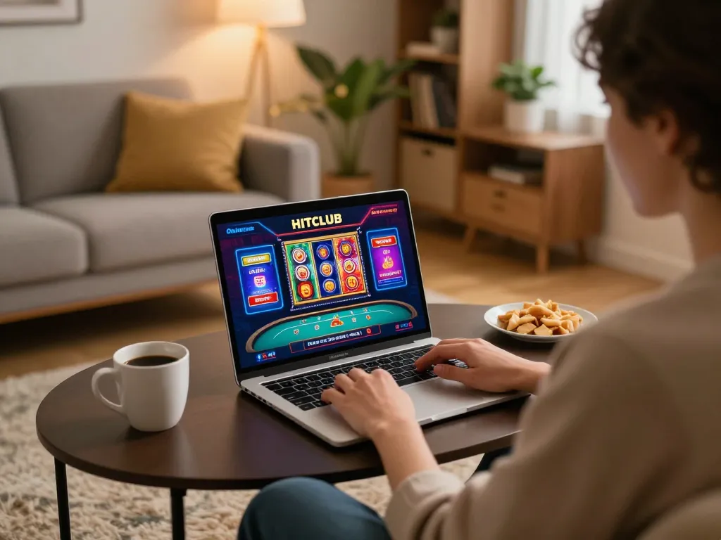 Engaging in online gaming at HITCLUB, a person plays slots on their laptop in a cozy living room setting.