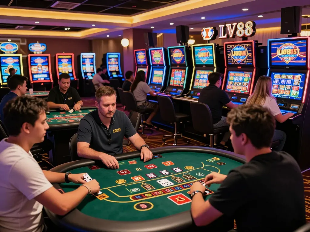 Players enjoying games at LV88 online casino, showcasing vibrant atmosphere and winning opportunities.