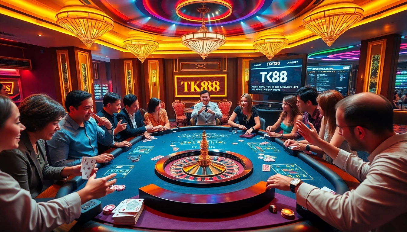 Players betting at TK88 casino table with vibrant poker chips and roulette wheel.