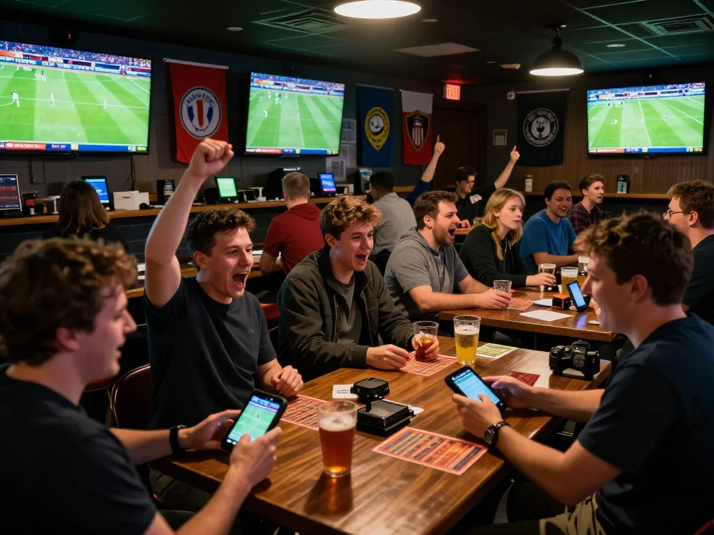 Excited sports fans placing bets while watching ฟุตบอล matches at lively bar