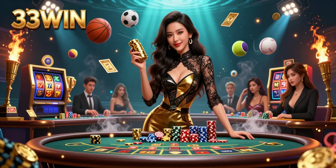 Experience luxury at 33WIN with a confident player winning at a baccarat table, high-value chips in hand.