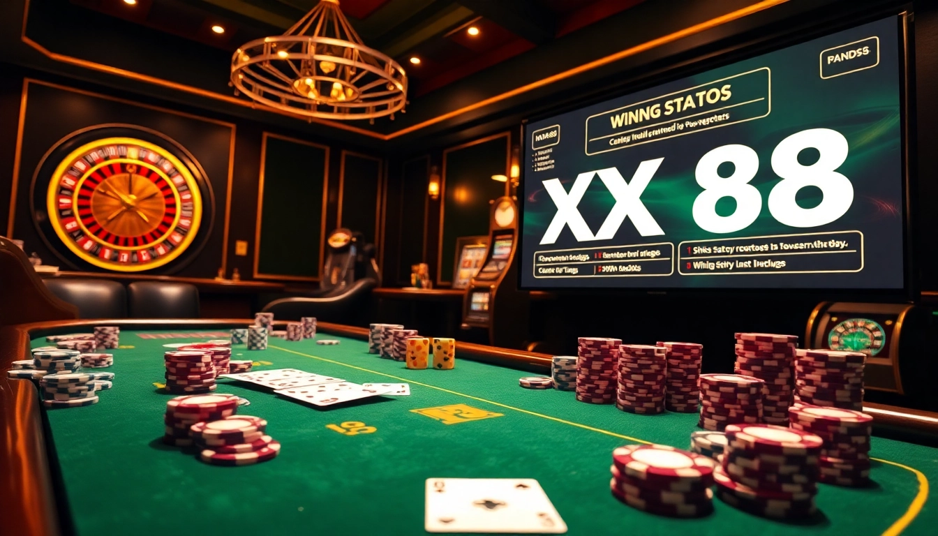 Win big with XX 88 at an upscale casino featuring vibrant poker chips and betting tables.