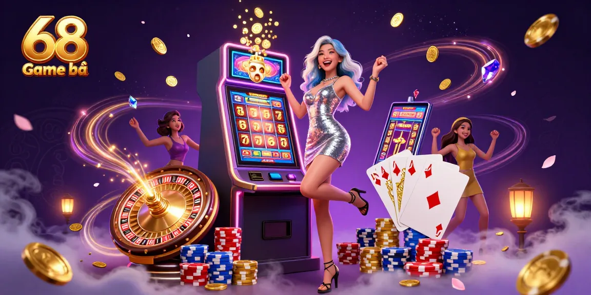 Spin and win with 68 Game bài featuring a glamorous Asian woman celebrating a jackpot.