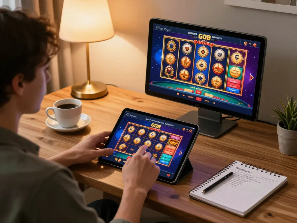 Player enjoying GO8 online casino experience on tablet with gaming graphics.