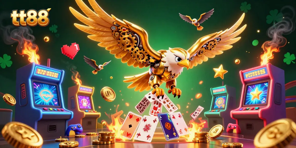 Experience thrilling games at tt88, where a cybernetic eagle dives through holographic cards, embodying casino excitement.