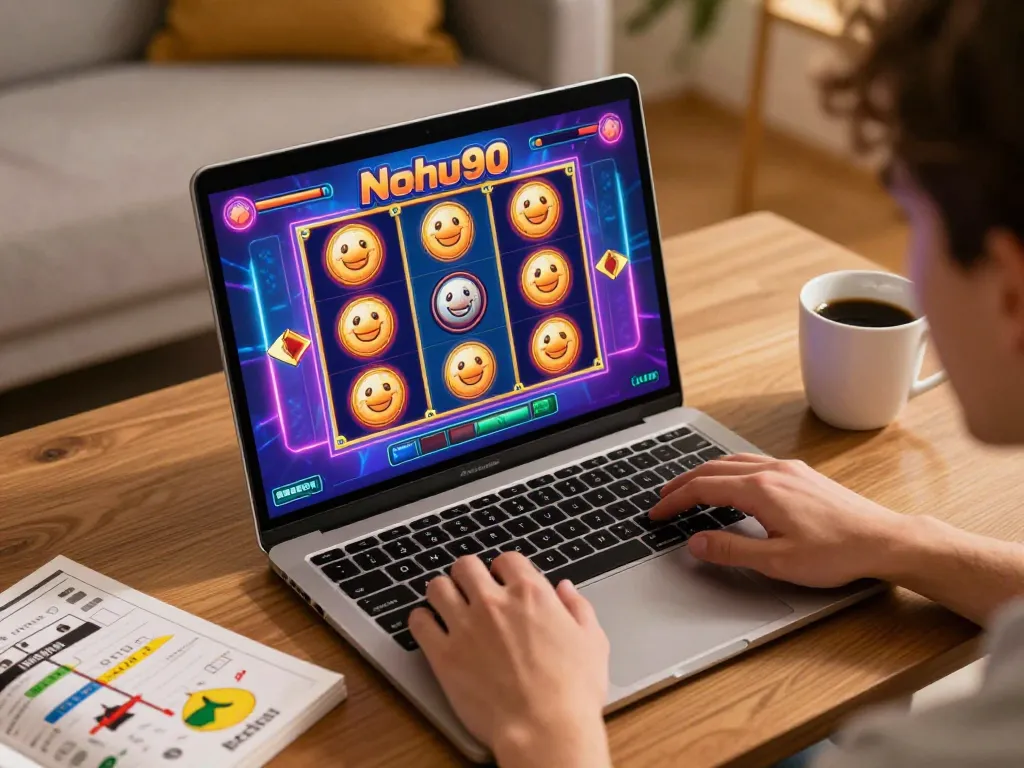 Nohu90 player hits spin on vibrant slot game, home setting with strategy guide.