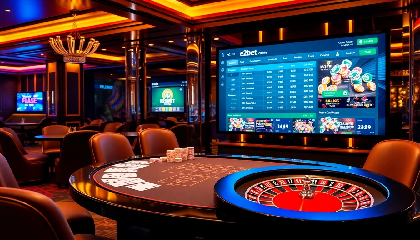Engaging e2bet online gambling scene showcasing poker cards and casino tables.
