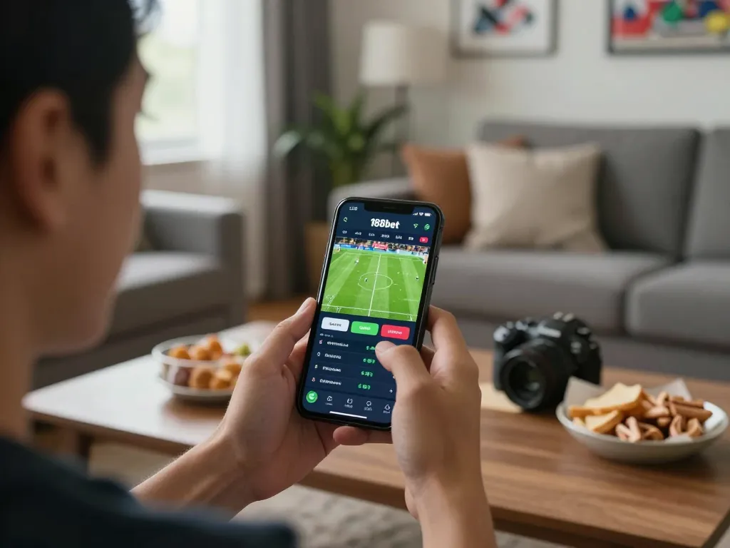 Engaging with the 188bet app for live sports betting during a football match at home