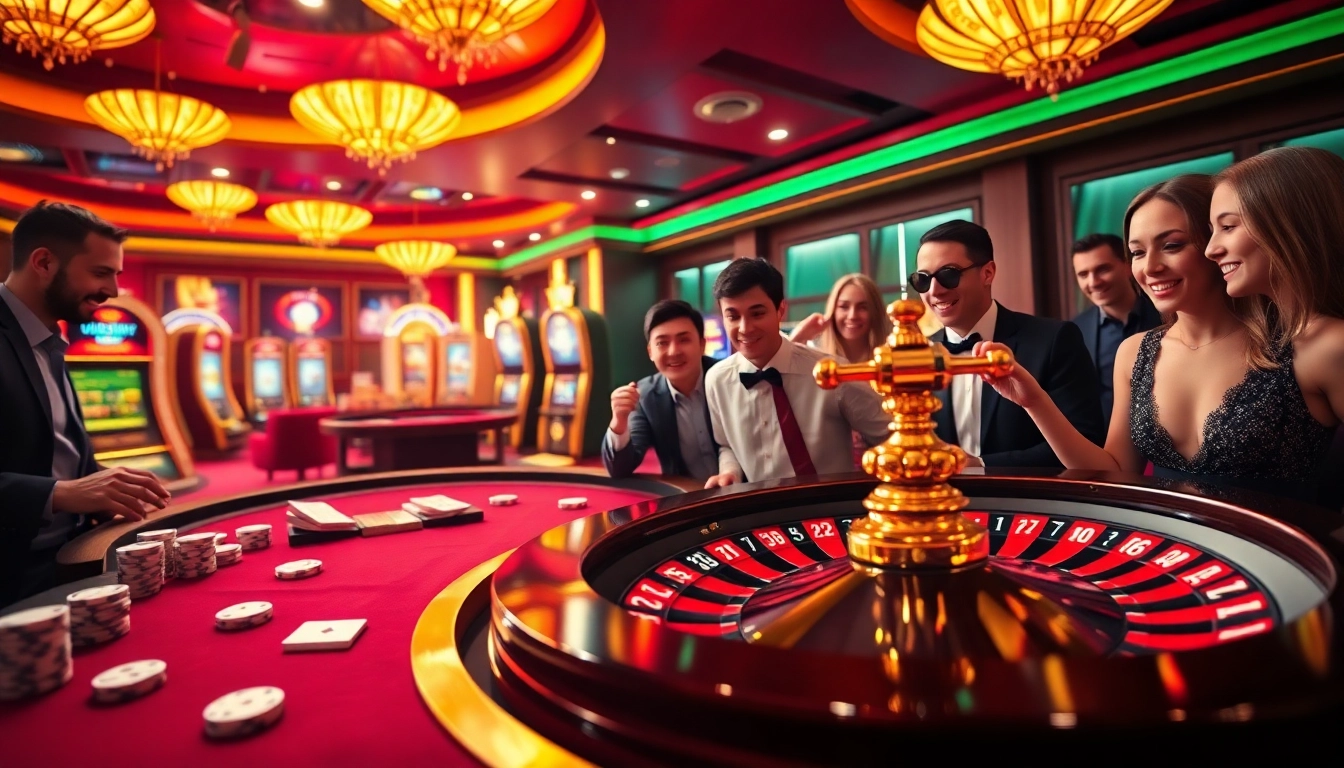 Gamblers enjoying a vibrant Luckywin casino experience with poker chips and roulette wheel.