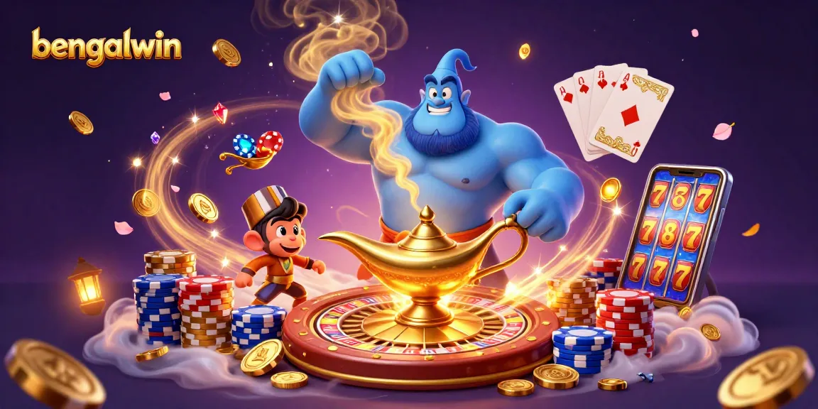 Bengalwin showcases a vibrant casino scene with a magical genie, colorful poker chips, and sparkling treasures.
