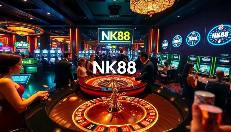 Exciting casino atmosphere with NK88 branding featuring players at roulette and slot machines.