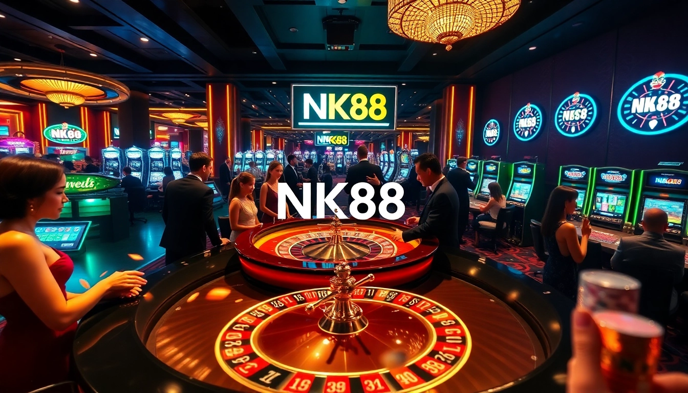 Exciting casino atmosphere with NK88 branding featuring players at roulette and slot machines.