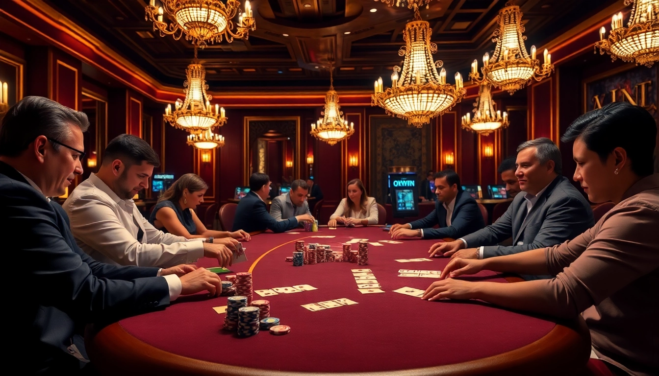 Players enjoying high-stakes poker at Okwin casino, showcasing excitement and expert gameplay.