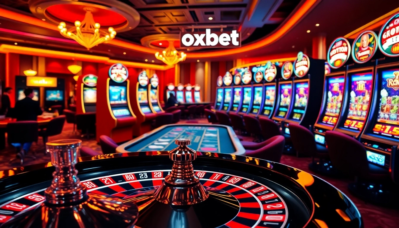 Engage with Oxbet's vibrant casino atmosphere featuring slot machines, poker tables, and roulette action.