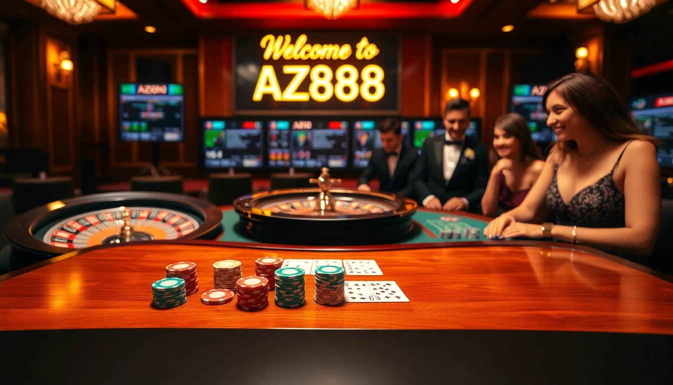 Experience thrilling moments at AZ888, featuring a vibrant poker table loaded with chips and cards.