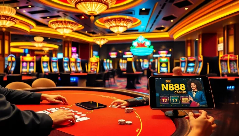Experience the excitement of NK88 with players at casino tables betting on roulette and poker.