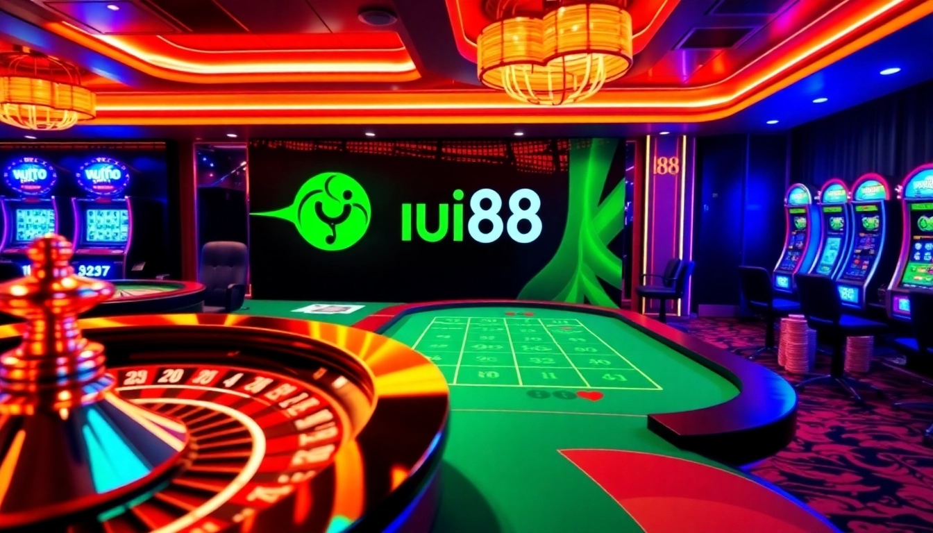 Experience the excitement of uu88 with vibrant casino tables and slot machines in a luxurious setting.