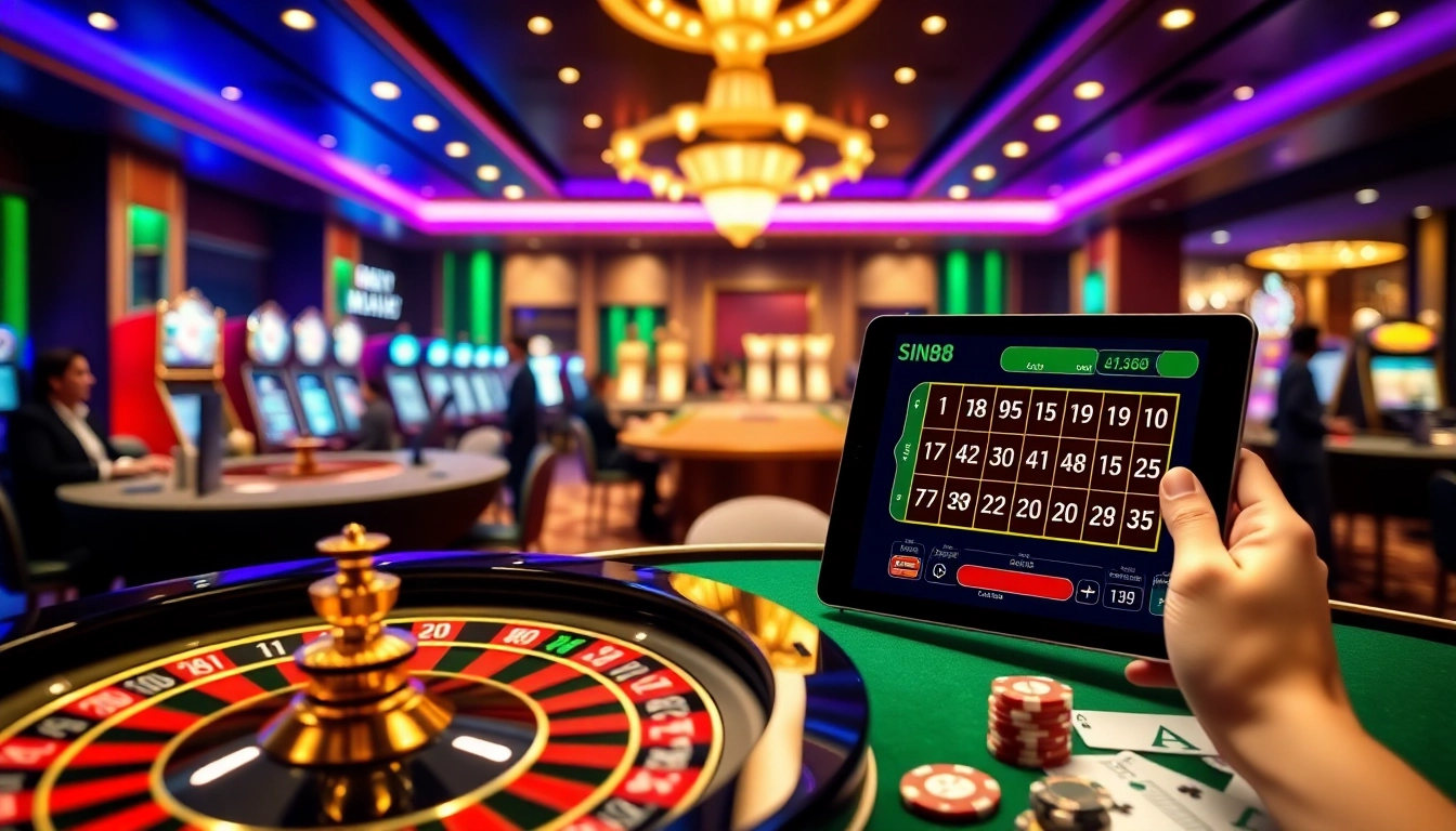 Experience sin88 đăng nhập with an exciting online casino atmosphere featuring poker chips and a roulette wheel.