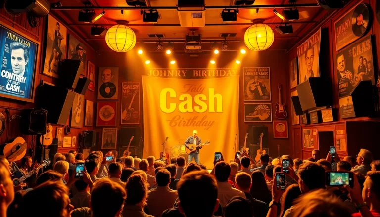 Vibrant scene from johnnycashbirthday.com showcasing a lively Johnny Cash birthday celebration concert.