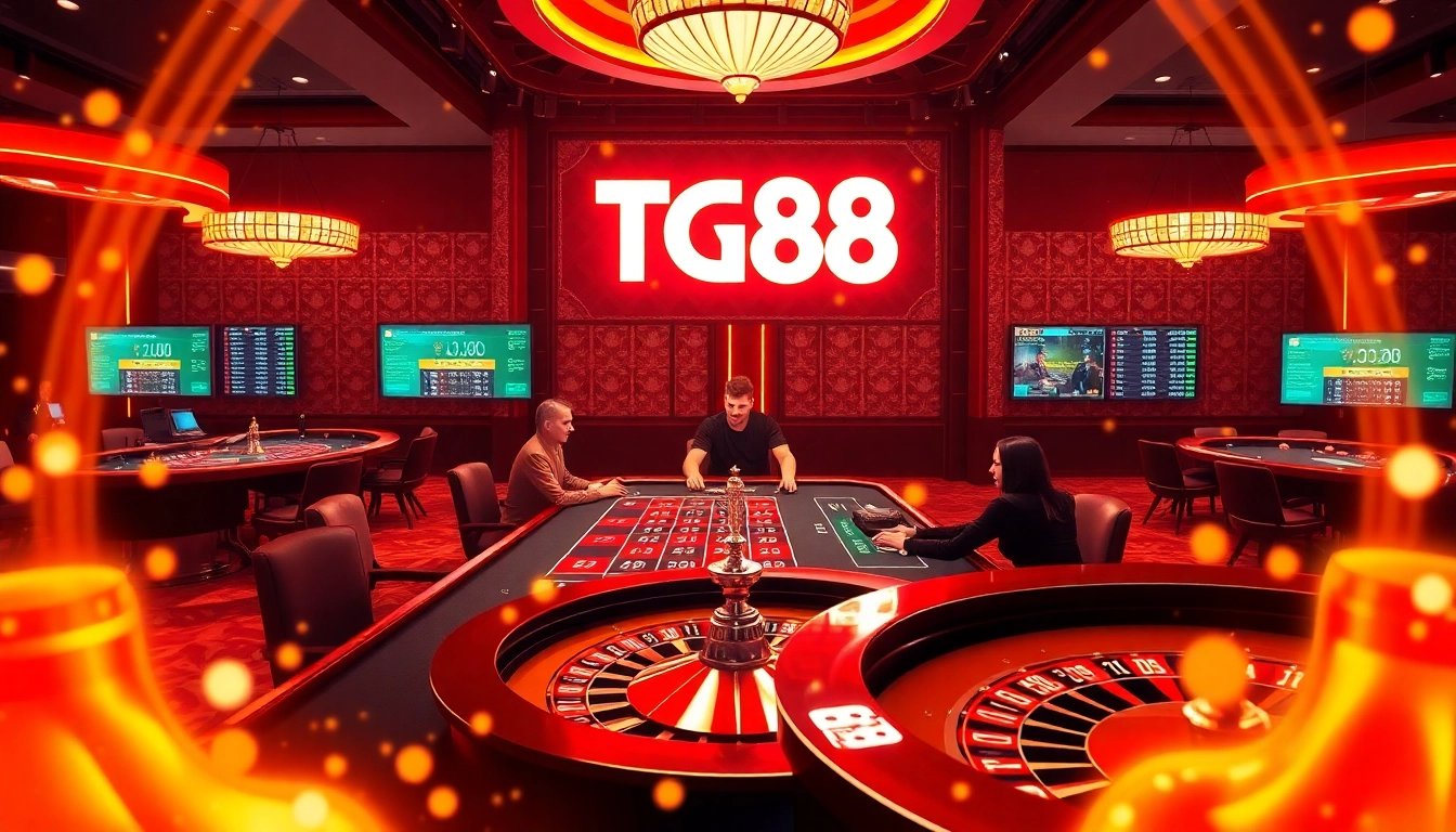 TG88 casino scene with players at poker and roulette tables, showcasing excitement in online gaming.