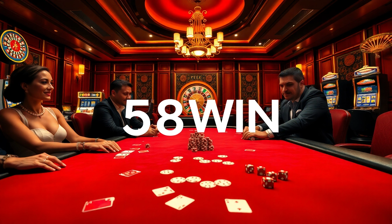 Players engaging in high-stakes poker at a luxurious casino table featuring 58WIN.