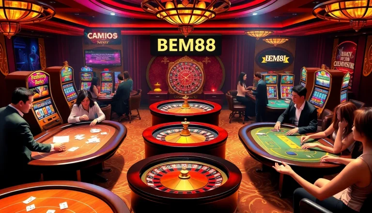 BEM88 casino players enthusiastically participating at vibrant gaming tables.