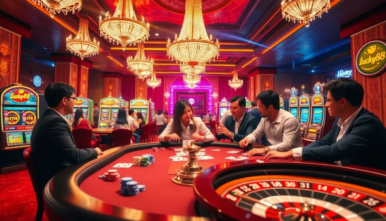 Engaging scene with gamblers at a table featuring lucky88 poker chips and cards amidst a luxurious casino atmosphere.