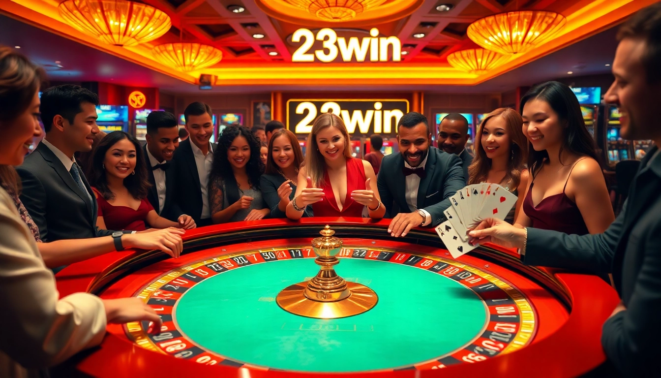 Exciting gambling experience at 23win casino with players at roulette and poker tables.