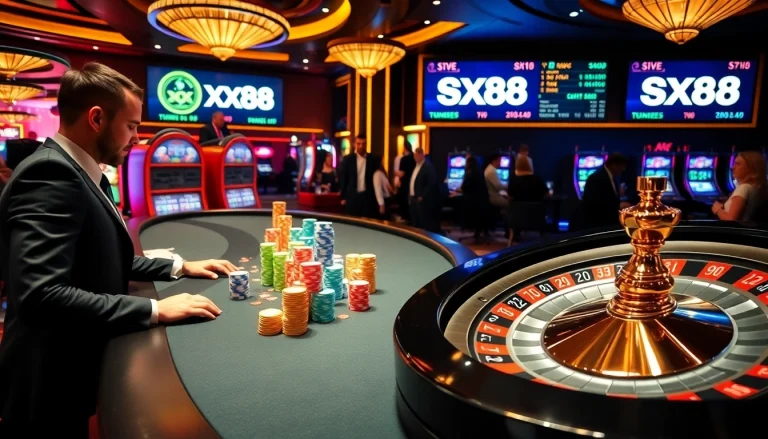 SX88 players engaging in thrilling high-stakes poker at a luxurious casino.