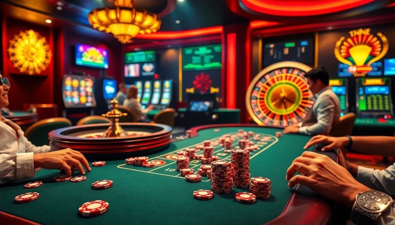 Players engaging in thrilling poker action at 65A's luxurious casino, showcasing excitement and luxury.