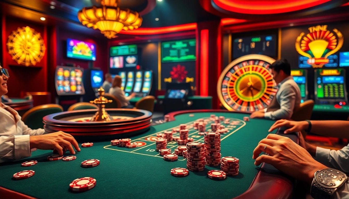 Players engaging in thrilling poker action at 65A's luxurious casino, showcasing excitement and luxury.