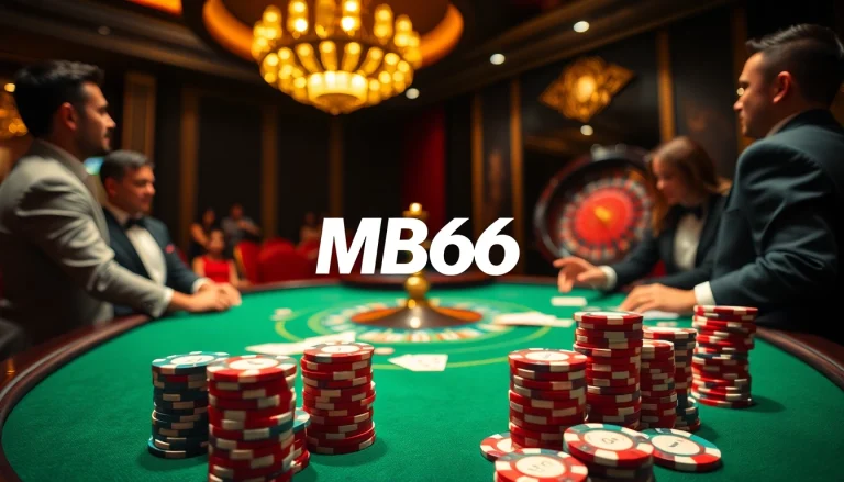 Players enjoying a thrilling round of poker at MB66 Casino, featuring vibrant chips and cards.
