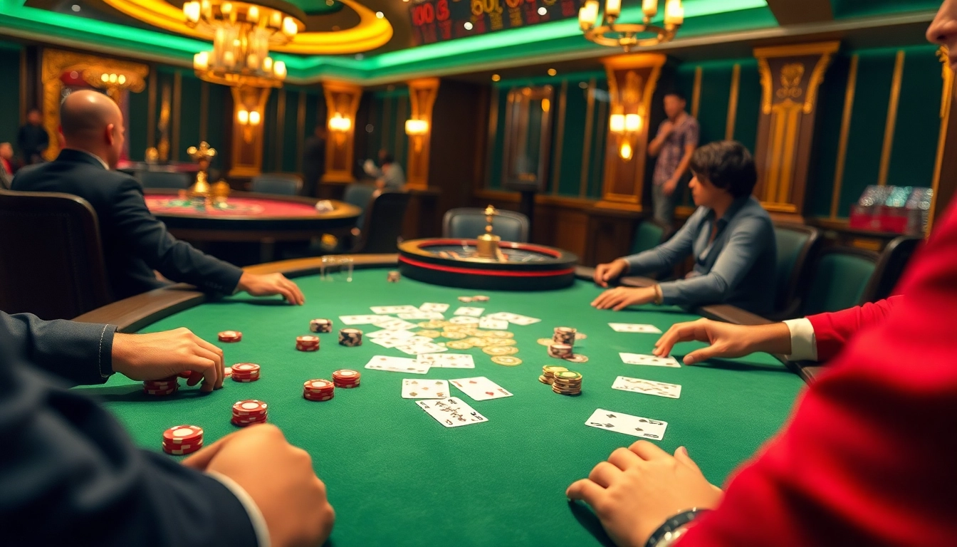 Players strategizing at a poker table, experiencing the thrill of gambling at https://f168.direct/ with vibrant chips and cards.