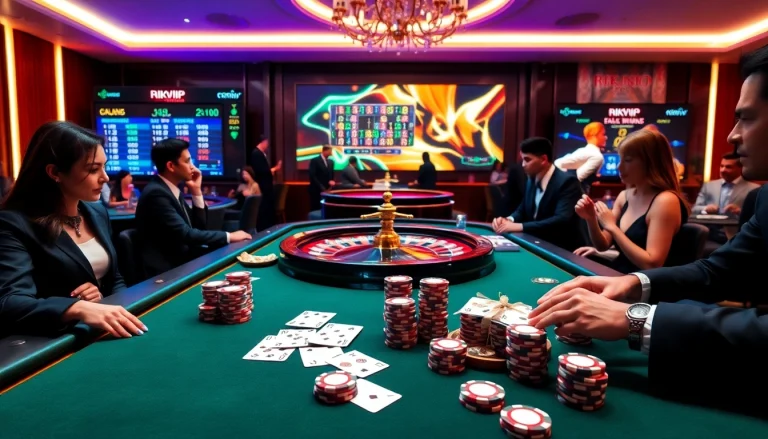 Experience the thrill of rikvip with a luxurious casino atmosphere featuring vibrant poker chips and an active roulette wheel.