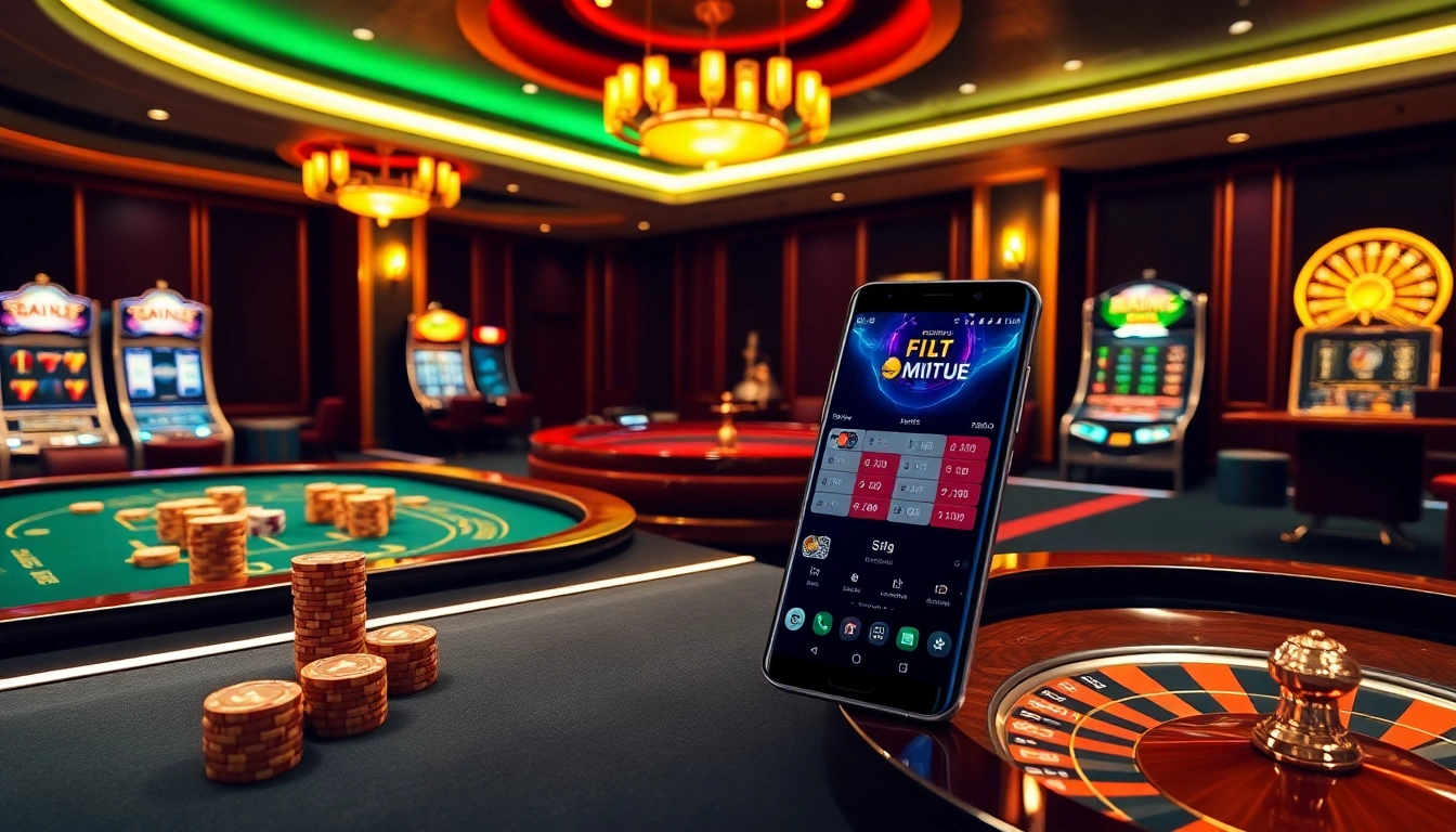 S8 online casino scene with poker chips and vibrant slot machines promoting immersive gaming experience.