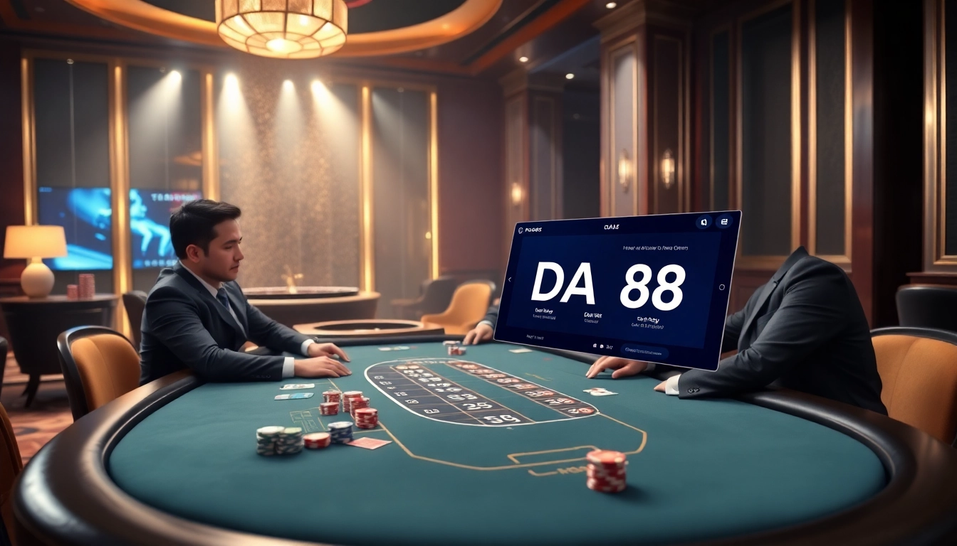 Engaging poker action at DA88 with vibrant chips and a stylish roulette wheel background.