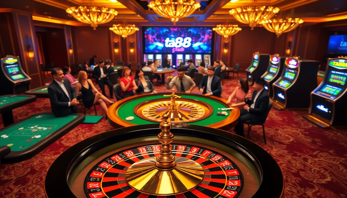 Betting chips and a roulette wheel symbolizing ta88 club excitement in a lavish casino.