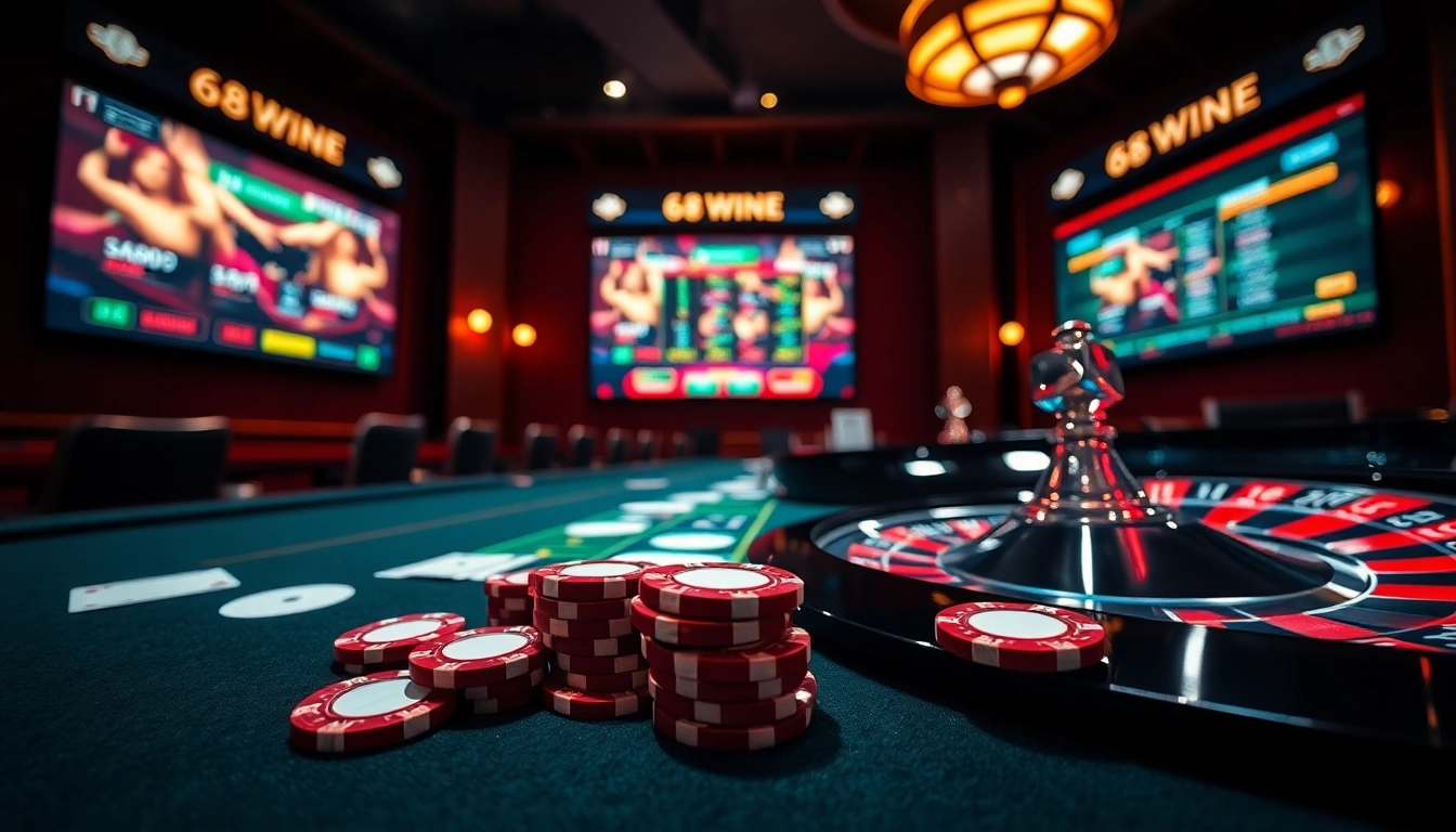 Experience the thrilling world of gambling with the 68win app interface featuring vibrant chips and cards.
