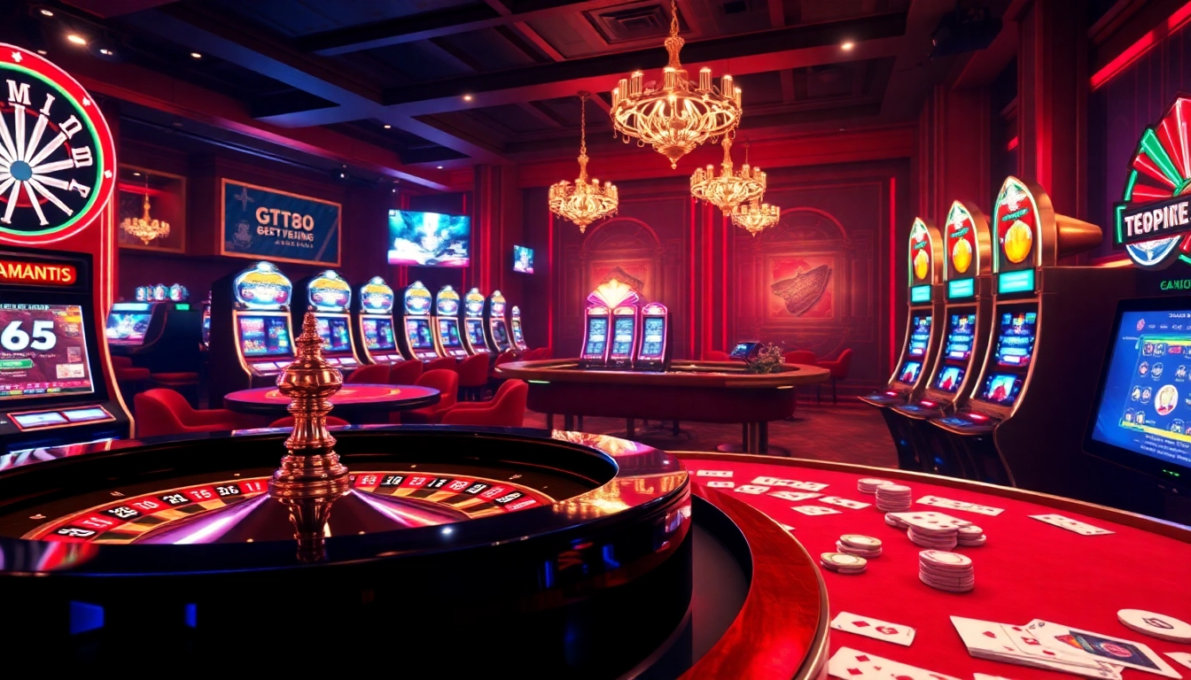 Experience the luxury of TT88 with dynamic online gambling scenes including roulette wheels and slot machines.
