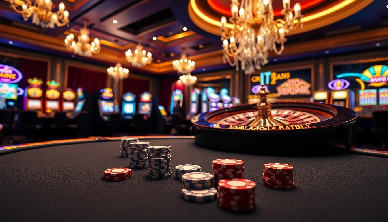 Gamblers enjoying the excitement of a vibrant casino scene at https://www.eejl33.com/ with poker chips and slot machines.